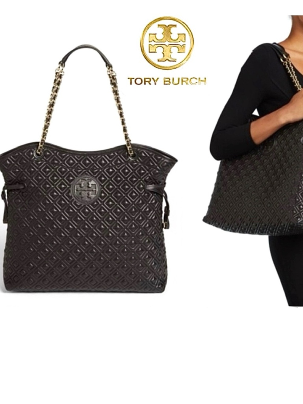 Tory Burch Marion Quilted Leather Slouchy Tote/Shoulder Bag in Black